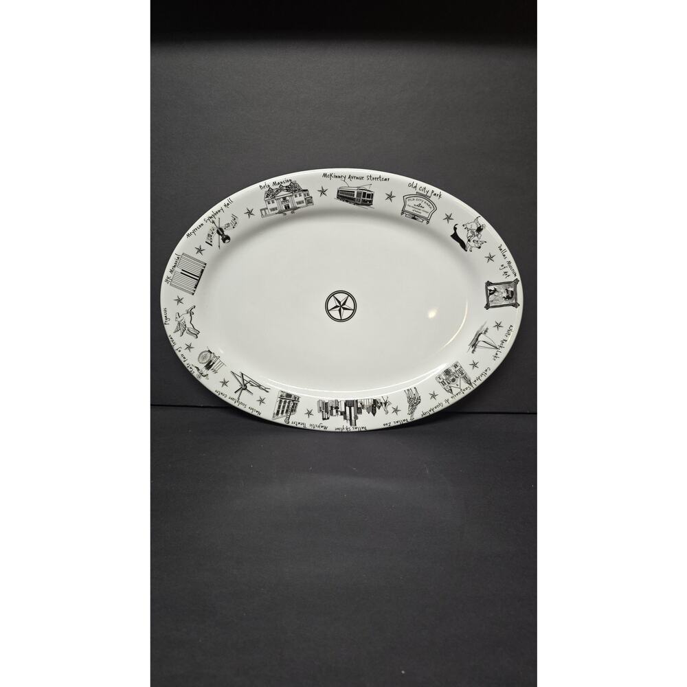 Tuxton Dallas Landmarks Oval Serving Platter The Dish White Black Texas Decor